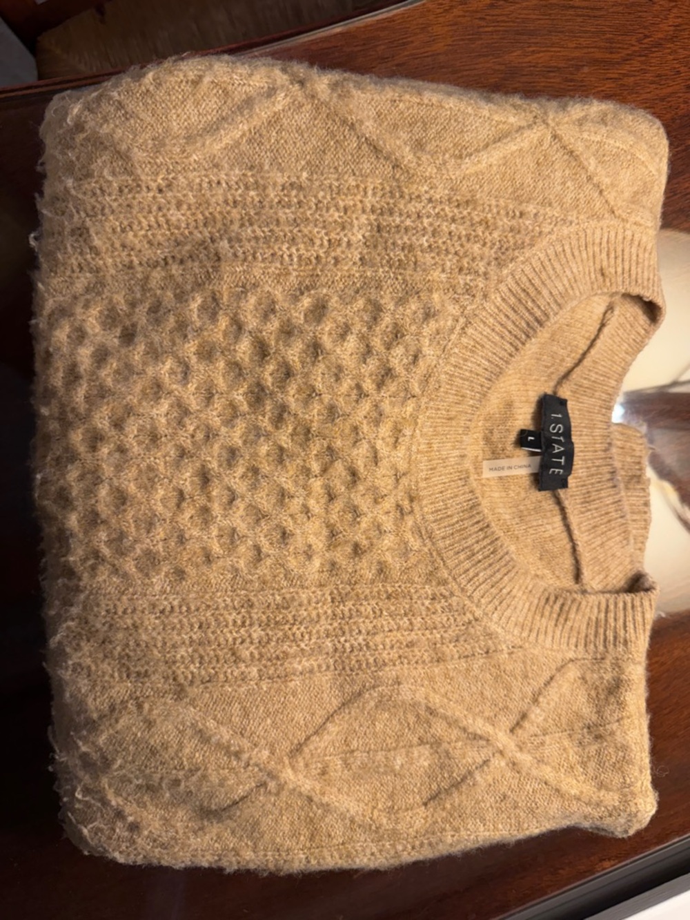 1. State Camel Crewneck Cable Knit Sweater, cropped, gathered at shoulders